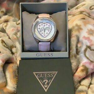 Guess Y2K Stainless Steel Women's Watch Hearts Pink Leather Strap Rhinestones